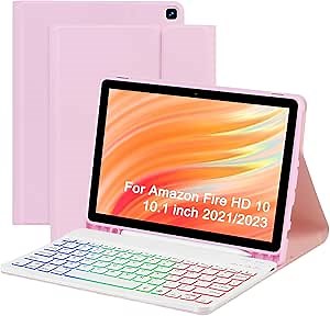 Case with Keyboard for Amazon Kindle Fire HD 10&10 Plus (2021&2023) 10.1 inch,7 Color Rainbow Backlit Detachable Keyboard Magnetic Case with Pen Slot for HD 10 11th/13th Gen-Pink