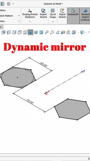 Hitesh Malviya on Instagram: "Dynamic Mirror in SolidWorks is a feature used to mirror sketch entities dynamically while creating them. It ensures that any changes made to the sketch entities on one side of the mirror line are automatically applied to the mirrored side. Here's how to use it: Steps to Use Dynamic Mirror in SolidWorks 1. Open a Sketch: Start a new sketch or edit an existing one on a plane or planar face. 2. Select a Mirror Line: Choose a straight line, edge, or centerline in your 