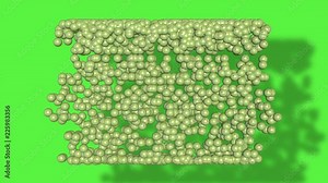 animation of many small spheres form a bowling pin shape on green screen
