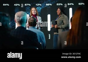 Multiethnic female adults hosting a panel discussion with market share trends on digital screen, presenters showing capital numbers for economics business sector. Candlesticks charts. Camera B Stock Video Footage - Alamy