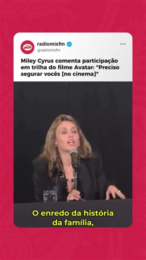 Miley Cyrus tá na trilha sonora do novo Avatar, e pra explicar como entrou no projeto, ela falou sobre a emoção e o peso do roteiro. Mas claro… ela mesma brincou que segurar a galera no cinema por 3 horas e meia não é pra qualquer um! 🤩 Dê o play no vídeo e vem conferir a fala completa da cantora! 📹: MileyUpdates (X) #mileycyrus #avatar #radiomix #radiomixfm ⁠- - - - - - - - - - - - - - - - - - - - - - - - 🗣 | O melhor MIX do Brasil! 📻 | 106.3 FM 🔗 | radiomixfm.com.br/aovivo 📱 | Baixe o ap