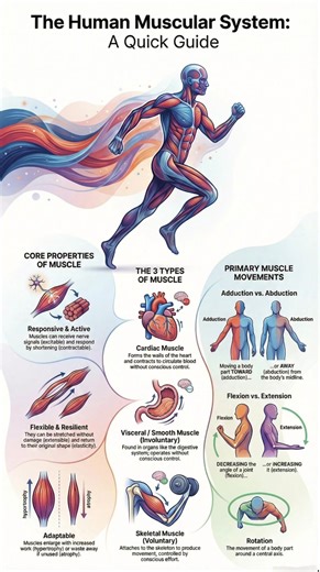 1.3K views · 23 reactions | An easy-to-understand overview of the human muscular system, highlighting muscle properties, the three muscle types, and primary movements like flexion, extension, rotation, adduction, and abduction—perfect for quick revision and concept clarity. #MuscularSystem #HumanAnatomy #BiologyRevision #MuscleTypes #MovementBasics | Scoolam Foundation | Facebook