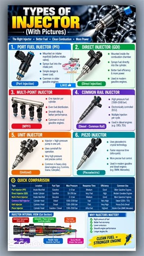 Types of 6 Fuel Injectors Explained 🔥 | PFI, GDI, Common Rail & More! 🚗 #shorts #viral #ytshorts#car