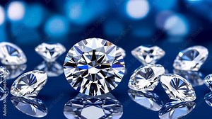 collection of sparkling diamonds arranged on a reflective surface. The diamonds are in various shapes and sizes, with the central diamond prominently featured in the foreground