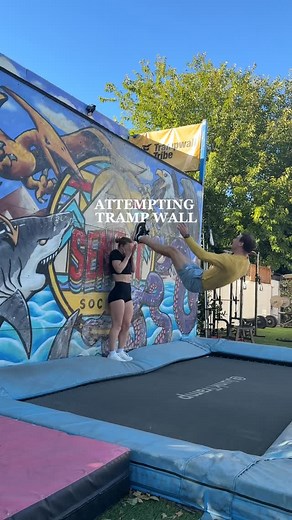 Trying a “Swan” on Tramwall🤸🏼🦢 The last time i tried trampwall, i landed on my head… So figured it was time for some redemption LOL😅🤭 #gymnast #trampwall #trampoline #skill #new #vlog #fail #attempt #training #flip #tips #tutorial | Gracie Kramer