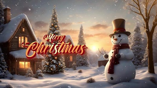 Merry christmas background with snowman and house