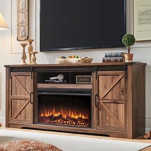 T4TREAM Farmhouse TV Stand for TVs up to 80", Entertainment Center with 30" Electric Fireplace and Sliding Barn Door&4 Drawers Storage Inside, Reclaimed Barnwood