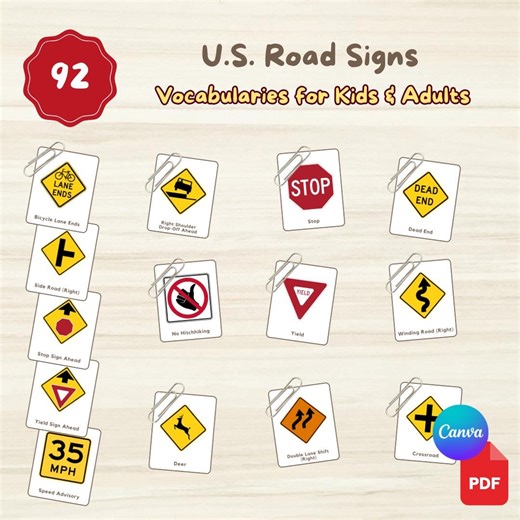 92 U.S. ROAD SIGNS Flashcards: Montessori 3-part Cards (printable PDF   Editable Canva Template) - Etsy