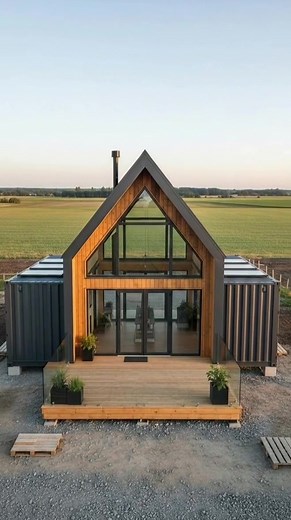 How They Transformed Two Raw Shipping Containers Into a Fully Finished Modern Cabin Home! 🤯🏡 This design is next-level clever: the Twin-Wing Timber Fusion. Instead of stacking or spreading the containers apart, the builders anchored two full-size shipping containers on each side and built a full A-frame timber structure right down the center. The steel forms the wings, while the massive wood frame becomes the heart of the home. Once the wooden skeleton is wrapped in warm vertical cedar claddin