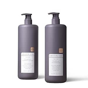 Kristin Ess Hair Purple Shampoo and Conditioner Set for Blonde, Brunette, Silver + Gray Hair, Anti Brass + Yellow Tones, Safe for Color Treated Hair, Sulfate Free Toning Shampoo Conditioner - 1 Liter