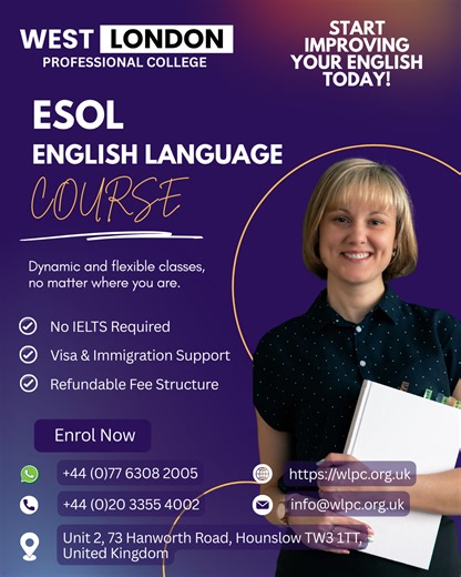 🌍 Ready to improve your English and boost your confidence? Join our ESOL English Language Course and study with flexible, supportive classes — wherever you are! ✅ No IELTS Required ✅ Visa & Immigration Support ✅ Refundable Fee Structure Start improving your English today. Your future begins now. ✨ Enrol now! #ESOL #LearnEnglish #StudyInUK #EnglishCourse #WestLondon
