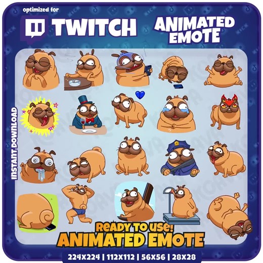 Funny Pug Animated Emote Pack: 20 Twitch Stream Gifs (instant Download - Etsy