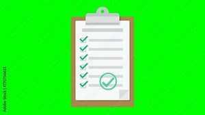 Appearance of a clipboard from the bottom of screen with white sheet with checklist on which all check boxes are validated with validation stamping on green and transparent background, alpha channel