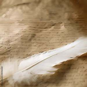 A white feather rests on a textured, yellowed paper with faded writing.