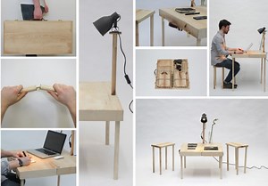 Briefcase transforms into table, stool and lamp