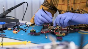 Person repairing a racing drone, hobby, repair center, drone building, modelling