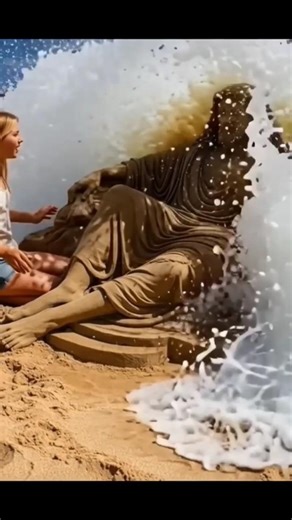 She Was Making a Statue… Then a Sea Wave Changed Everything 😱🌊#jesus #girl #sea #shorts