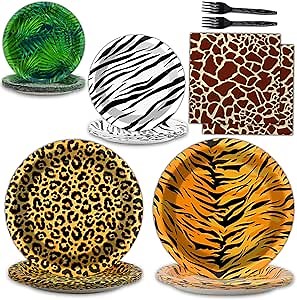 96 Pcs Zoo Animal Safari Print Party Plates and Napkins Party Supplies Animal Print Themed Party Tableware Set Jungle Party Decorations Favors for Kids' Baby's Birthday Baby Shower Serves 24