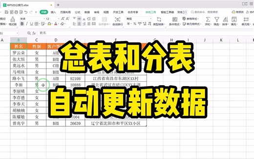 只需在总表中输入数据，就会自动将数据同步到分表中，怎么实现呢