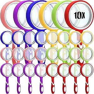 Xuhal 10X Magnifying Glass Handheld Shatterproof Reading Magnifier for Seniors and Kids, 50mm Colored Magnifying Lens with Non Slip Rubber for Observation Exploration Science (Bright Color,24 Pcs)