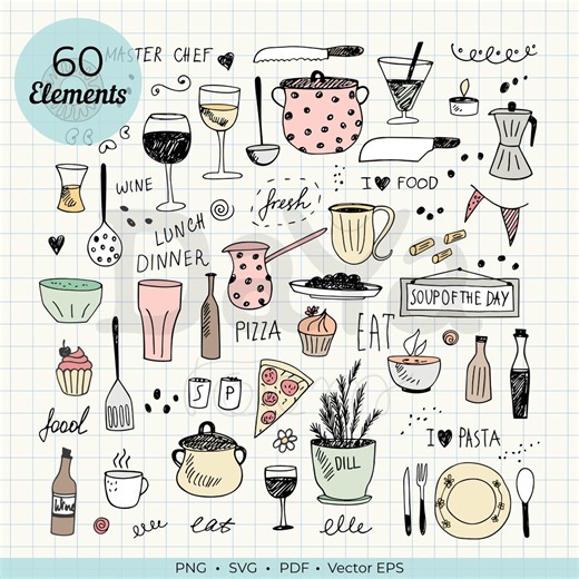 Food Clipart Bundle, Hand Drawn Kitchen Doodles, Cooking Elements PNG SVG, Meal Icons, Restaurant Graphics, Food Stickers - Etsy