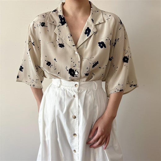 Vintage Silk Blouse Silk Shirt Silk Top Button Down Plus Size Beige Floral 90s 80s Retro Vintage Style Size 4X/5X - Etsy