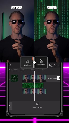 Colin Pomeroy on Instagram: "Hello, Mr. Anderson… Become Morpheus with this simple matrix Ccut edit… Just duplicate your original footage Tap overlay to drop it down Slide it to match the original Tap remove BG and auto removal Then add your green numbers footage in between And you’re done"