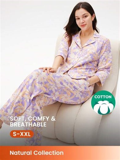 LUVLETTE Soft Cotton Floral Print Button-Up Top & Pants Loungewear Pajama Sets For Women Pants With Pockets Lounge Sets For Women Lingerie, Fall Clothes Cotton Pajamas | SHEIN