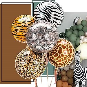 Animal Print Balloons Hangable 5 Count 16 Safari Print Balloons 4D Round Foil Balloons for Baby shower Photo Shower Birthday Party Supplies Wedding Balloon Arch Kit Animal Balloon Garland Kit