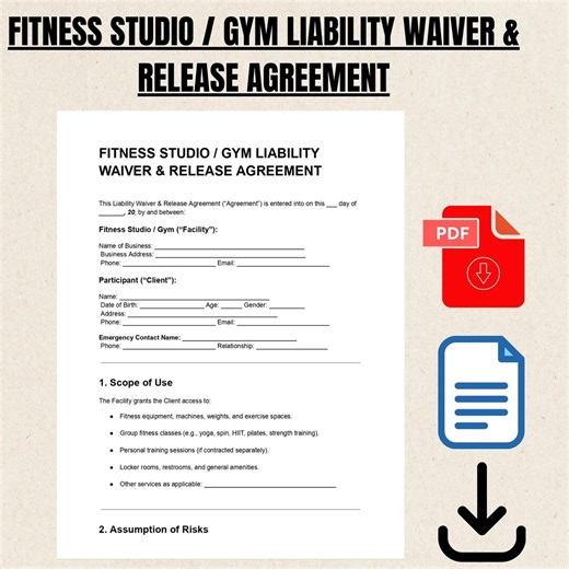 Gym Liability Waiver & Release Form | Fitness Studio Client Agreement | Editable PDF Word - Etsy