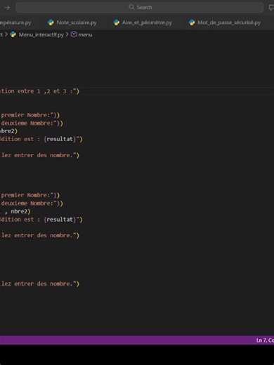 Petit projet Python . On crée un menu interactif avec des fonctions : addition() et soustraction() - Un menu, une boucle while, des if / elif, et le programme réagit selon ton choix. Abonne-toi pour me soutenir . Mets en favori et partage pour mieux apprendre les fonctions. #PourToi #FYP #PourToiPage #PourToiTikTok #Foryou #FYPシ #Viral #TikTokFrance #AbonneToi #Decouvre #LearnOnTikTok #TutoPython #Coding #DevLife #CodeFun #TechTok #Programmer #ApprendrePython #ProjetPython #Inspiration
