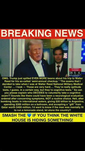 🚨BREAKING: Trump just CONFESSED he “decided to take” a cognitive test at Walter Reed, something no one does voluntarily. He claims it was “very hard,” but after bombing boats in international waters, giving $20B to Argentina, spending $300M on a ballroom, and taking a $400M “gift” from Qatar, the real question becomes whether the test was to measure his cognition, or confirm his decline. 🙏🏼 | Pulse of the Nation