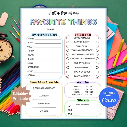 Editable Teacher Favorites List Printable, Get to Know Your Teacher, Get to Know Teach, Teachers Favorites Things Forms, Instant Download - Etsy