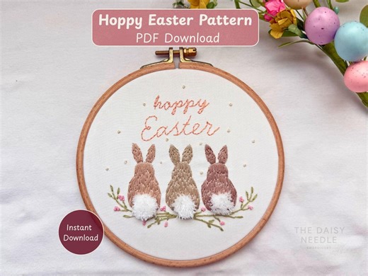 Hoppy Easter Embroidery Pattern PDF | Beginner Bunny Hoop Design | DIY Spring Hand Embroidery – Stitch & Color Guide Included | Not AI - Etsy