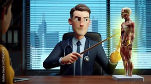 Digital Healthcare Specialist Demonstrates Human Body Anatomy with an Interactive 3D Model in a Modern Medical Office