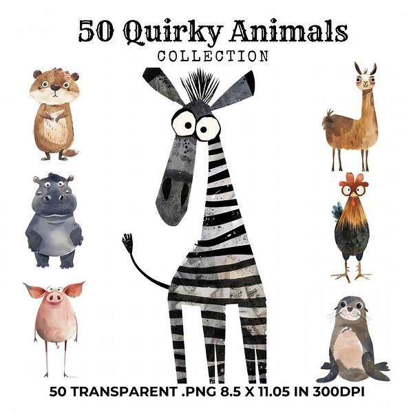 50 Quirky Animals Cliparts, quirky Animals, Digital Download, Commercial Use, quirky Clipart, Paper Craft, Printable Paper, PNG - Etsy