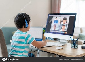 Asian Boy Student Video Conference Learning Teacher Classmates Computer Living