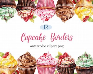 Cupcake Border Clipart, Watercolor Dessert Borders PNG, Digital Download - Etsy