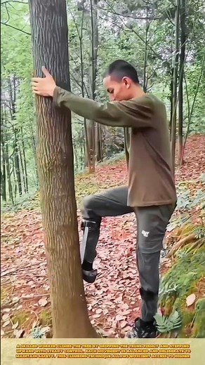 Skilled Worker Climbing Tree Trunk Using Leg Grip Climbing Technique for Efficient Tree Access