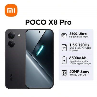 Lancio globale del primo smartphone Xiaomi POCO X8 Pro 5G, con NFC, dotato di Xiaomi HyperOS 3, corpo in metallo, qualità di fascia alta, CPU Dimensity 8500 Super Octa-Core fino a 3,4 GHz, LPDDR5X+UFS 4.1, batteria da 6500 mAh che supporta la ricarica rapida HyperCharge da 100 W, ricarica inversa fino a 27 W, PD3.0/PD2.0, display AMOLED Super Bright da 5,59" 2756 X 1268 1,5K 120 Hz, fotocamera principale da 50 MP Sony IMX882 con OIS, resistente alla polvere e all'acqua IP68, Bluetooth 6.0 | SHEI