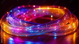Glowing LED tubes with bright blue and orange lights curve on a reflective surface.