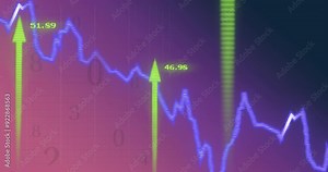 Stock market data with rising and falling arrows animation over financial graph
