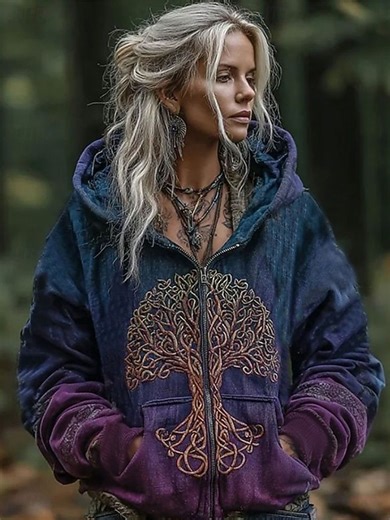 Women's Zip Up Hoodies Graphic Plaid Viking Vintage Casual Boho Long Sleeve Hooded Regular Tops Street  Zipper Pocket Print Purple Spring Fall Winter 2025