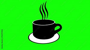 Animation of coffee in a cup with smoke rising. Circle animation with green screen background.