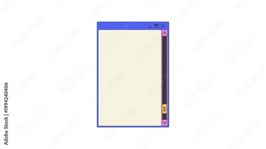 Scrollbar navigation blank pixel art pop-up window UI overlay animation. Vertical scrolling bar empty page. Content control panel. Blocky interface element motion. Retro 8bit UX design 4K video