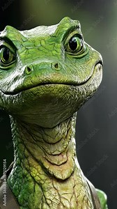 A close-up of a green lizard with large, expressive eyes, looking directly at the viewer