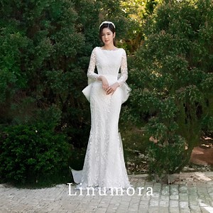 Lace Wedding Dress Long Sleeve Elegant Bridal Gown With Bow Back Modest Wedding Dress - Etsy