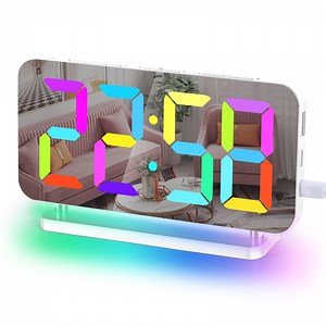 7”Digital Alarm Clock for Home Bedroom, RGB 10 Colors Night Light&11 Colors Digits Time LED Display Number, Electric Alarm Clocks Mirror Surface w/Diming Mode,Snooze,12/24H,Buzzer Volume,Dual USB Port