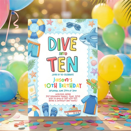 Dive Into Ten 10th Birthday Pool Party Invitation, Boys Pool Party Invite, Editable Summer Swim Birthday, Dive Into Ten Template - Etsy UK