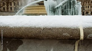 Close-up view of icicle formations in Trafalgar Square, London, England, UK, as the capital plunges into sub-zero temperatures